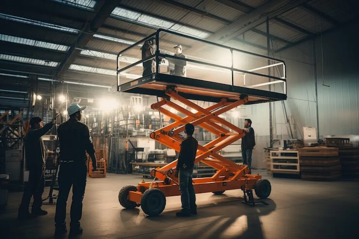 man standing scissor lift warehouse performing work height workers install lighting fixture hug industrial warehouse using hydraulic scissor lift ai generated 538213 18463